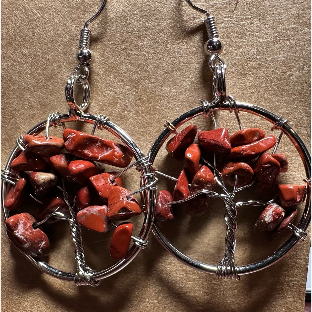 Red Jasper Chips Tree Of Life Earrings. Stainless Steel fish hook ear wires